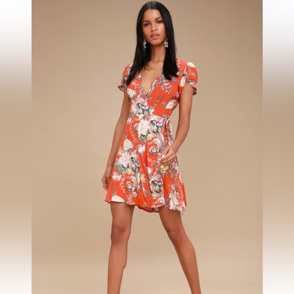 Rolla’s Dancer Coral Red Floral Print Wrap Dress Sz XS